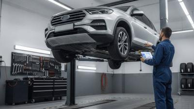 Car raised on a lift in a vehicle inspection bay with a technician checking underneath