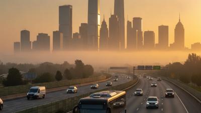 Intercity bus on a wide highway at sunrise heading toward a distant city skyline