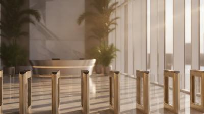 Row of brass-and-glass office-lobby turnstiles in early-morning raking light