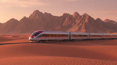 Modern passenger train in grey and red livery crossing red dunes with the Hajar mountains behind