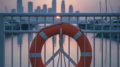 Orange lifebuoy hanging on a marina railing at first light with towers in soft focus behind