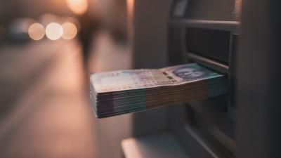 Close-up of banknotes being dispensed from an ATM slot at dawn