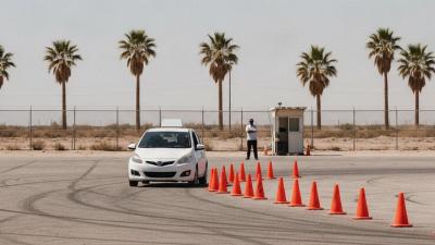 White driving-school training car weaving through orange cones on a training yard
