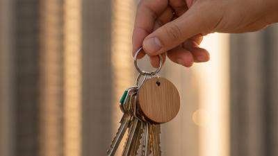 Hand holding apartment keys with modern UAE residential towers blurred in golden light behind