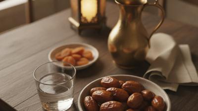 Iftar table at dusk with a bowl of dates, a glass of water, a brass pitcher and a glowing lantern