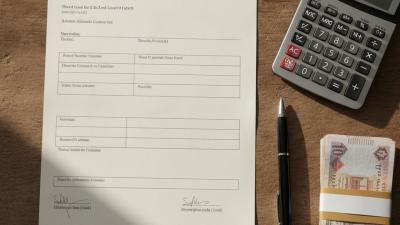 Tenancy contract, calculator and dirham banknotes laid out on a wooden table