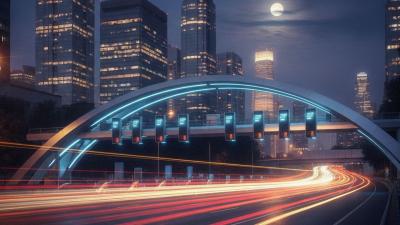 Electronic toll gantry over a city highway at night with traffic light trails