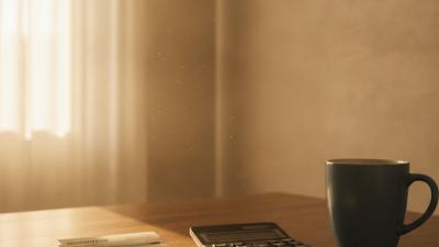Printed utility bill and calculator on a kitchen table with an air conditioner behind
