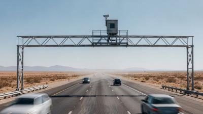 Radar speed camera on a gantry above a desert highway in midday light