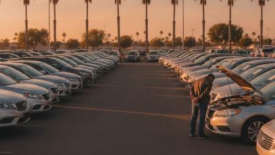 Rows of cars at a used-car lot at golden hour with a buyer inspecting an open bonnet