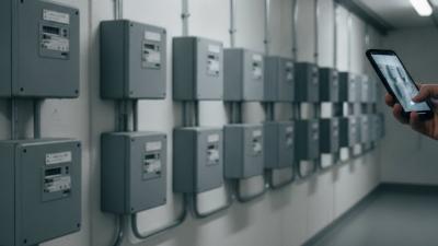 Bank of electricity meters in an apartment corridor with a hand noting a reading on a phone