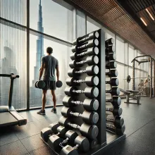 AI-powered fitness tracker in a gym with Burj Khalifa in the background