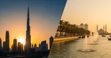 Dubai skyline with Burj Khalifa at sunset contrasted with Sharjah Al Majaz waterfront and Khalid Lagoon