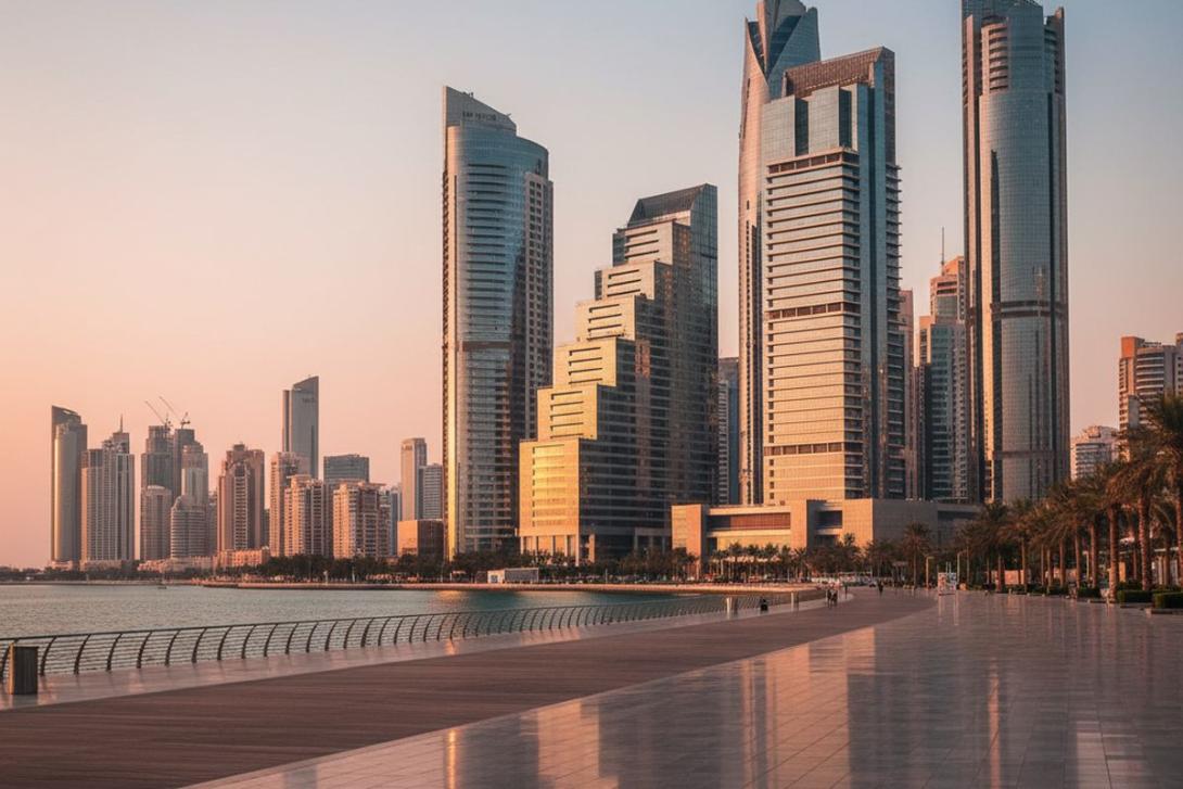 Al Maryah Island, Abu Dhabi at golden hour with modern glass-and-steel ADGM office towers and a wide pedestrian promenade