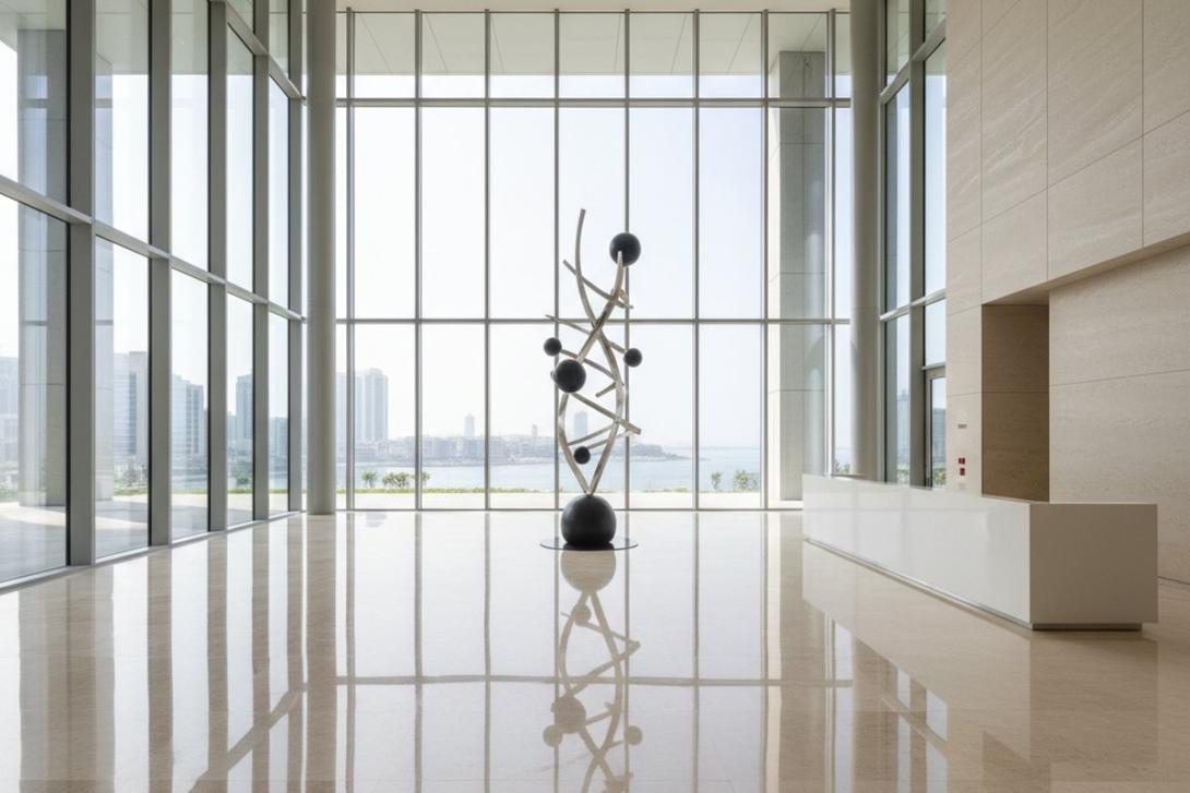 Modern Abu Dhabi corporate office tower lobby with marble floors and a minimalist sculpture