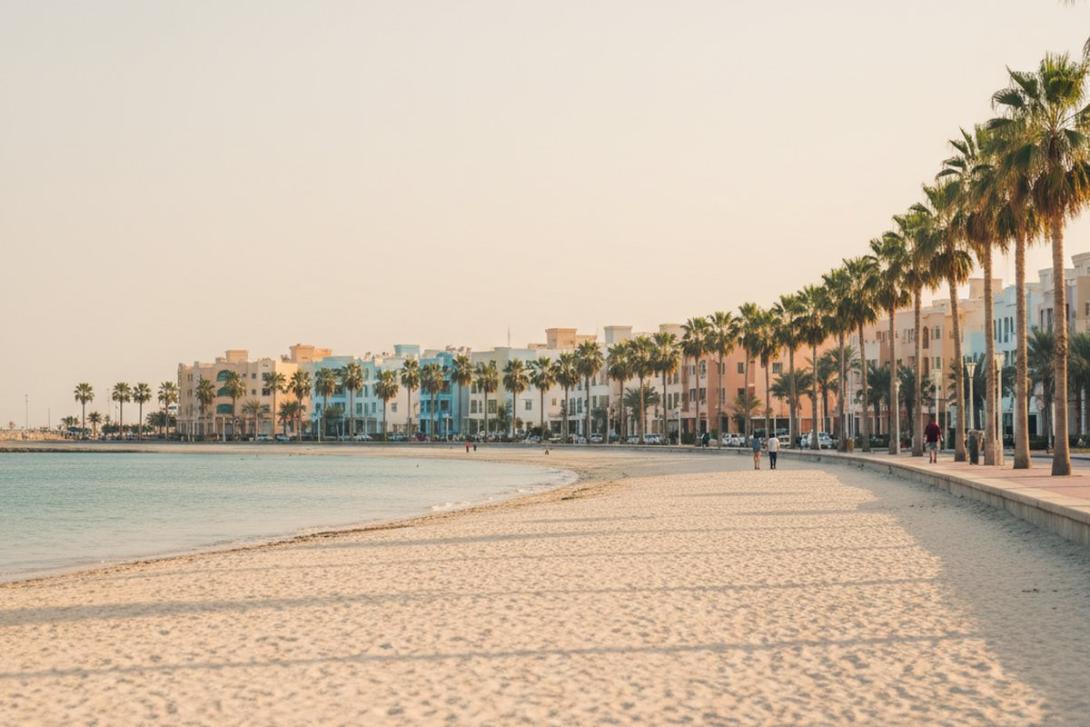 Ajman Corniche at golden hour: a soft white-sand beach meets the calm turquoise Arabian Gulf, with a palm-lined pedestrian promenade running past pastel low-rise apartment buildings