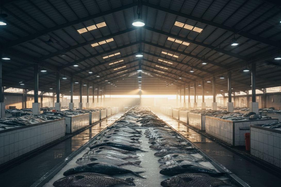 Ajman fish market at dawn: rows of metal-and-tile stalls under a covered hall with hanging fluorescent lights and beams of golden morning light, with glistening wet fish on ice beds across the stalls