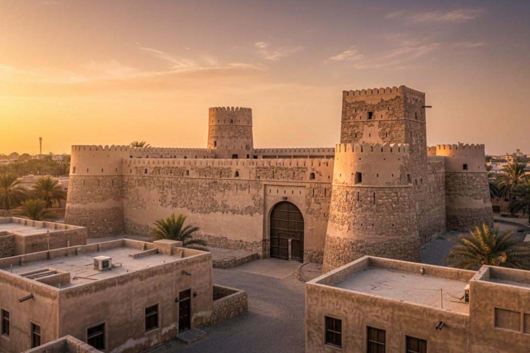 Ajman Fort housing the Ajman Museum at golden hour: weathered tan-and-beige coral-stone fort with two distinctive watchtowers (one round, one square), thick crenellated walls, and a heavy carved wooden gate