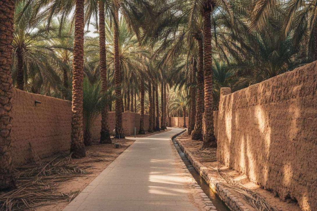 Inside Al Ain Oasis at mid-morning: a paved shaded walking path runs between dense rows of mature date palms with tall slender trunks, mud-brick walls bordering individual palm farms on both sides, and a small open falaj irrigation channel running alongside with water flowing visibly