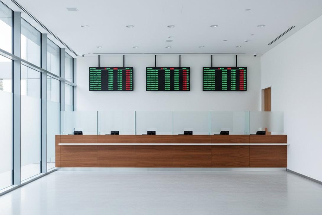 Modern UAE exchange-house branch interior with polished wooden counters and electronic rate display boards