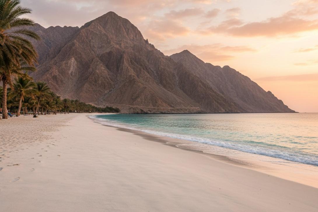 Al Aqah Beach in Fujairah at sunrise: empty east-coast white-sand beach with calm turquoise Gulf-of-Oman water and the rugged steep brown peaks of the Hajar Mountains rising dramatically directly behind the beach, soft pink and amber dawn light across the sky