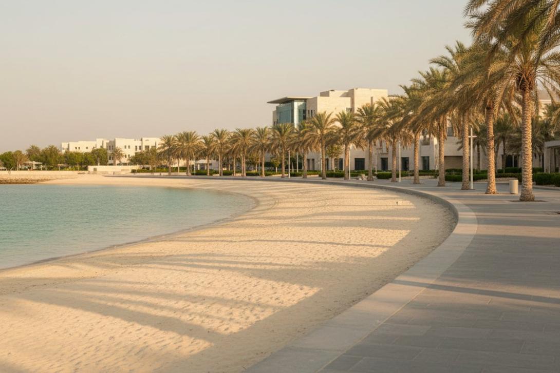 Al Bateen Beach at golden hour: a calm sheltered cove of soft white sand and shallow turquoise water in central Abu Dhabi, with a paved promenade running alongside lined by date palms and low-rise modern buildings