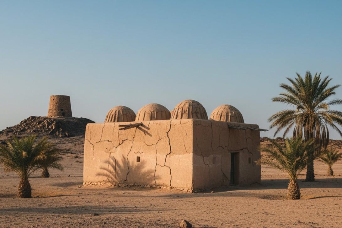 Al Bidya Mosque in Fujairah at golden hour: a small ancient mud-brick mosque with weathered tan plastered walls and four small distinctive domes constructed from leaning palm trunks, with a single round watchtower visible on a hill in the background, framed by a few low palm trees
