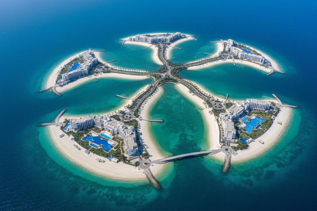 Aerial drone view of Al Marjan Island, Ras Al Khaimah: a coral-reef-shaped archipelago of four interconnected man-made islands with white-sand beaches, low-rise resort hotels with bright blue swimming pools, and palm-lined access roads, surrounded by turquoise Arabian Gulf water
