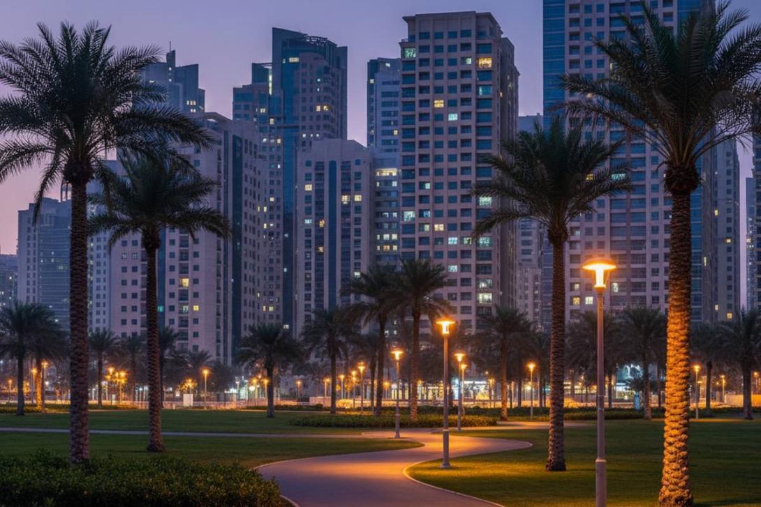 Al Wahda Park at dusk in central Abu Dhabi: a paved running path curves through a compact green neighbourhood park lit by warm street lamps, with modern mid-rise residential apartment towers forming the dense skyline against a deep blue dusk sky