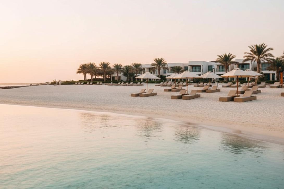 Al Zorah Beach in Ajman at golden hour: soft white sand sweeps into shallow turquoise Gulf water, with a low-rise modern beach resort visible in the deep background framed by palms and a few empty parasols on the upper sand