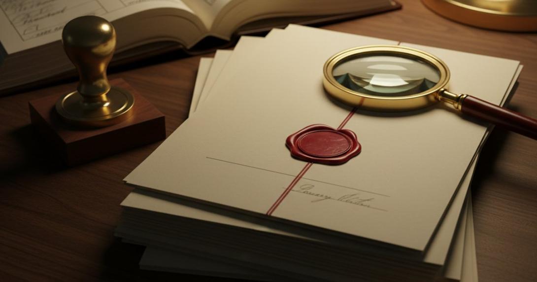 Conceptual editorial still-life on dark walnut of a stack of formal certificate papers with a deep-red wax seal, a brass ink stamp, a polished magnifying glass, an open notary register and a fountain pen with a brass nib lit by a single warm desk lamp