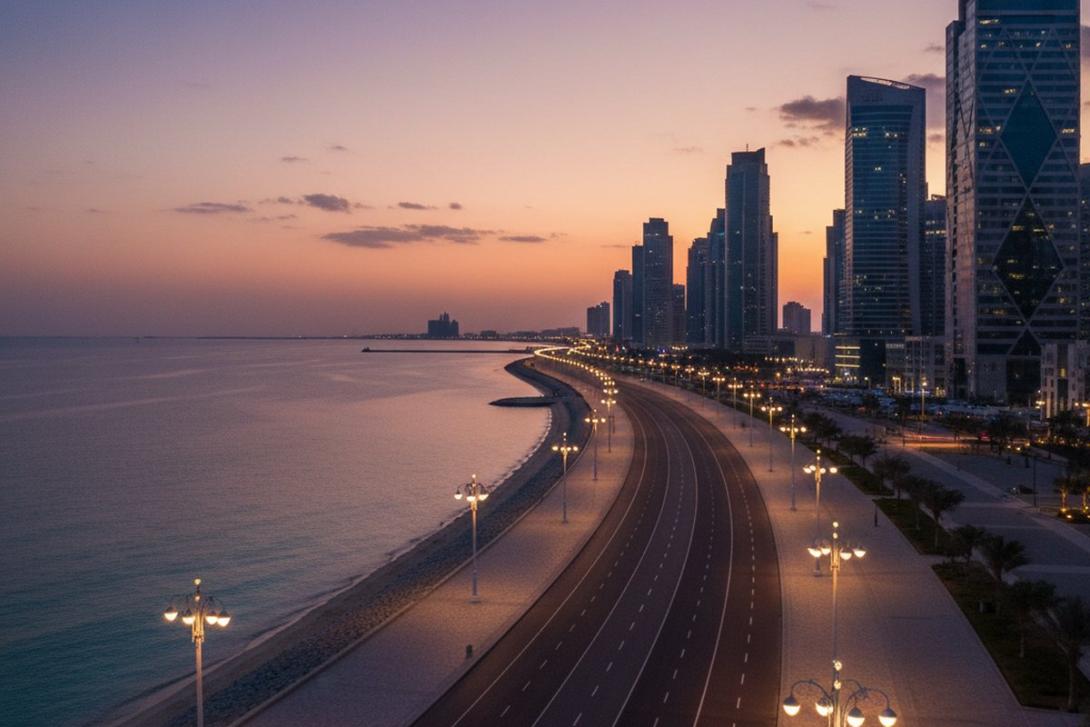 Aerial dusk view of the Abu Dhabi Corniche: the long paved running track and beachfront promenade curve into the distance with warm street lamps lit alongside the path, the calm Arabian Gulf to one side and the modern city skyline of glass towers to the other under a golden-pink-to-deep-blue sky