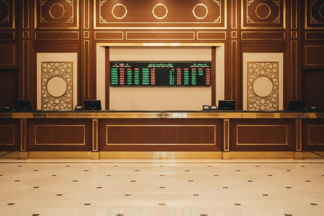 Traditional Gulf exchange-house interior with subtle Arab-Islamic geometric panelling and brass detailing