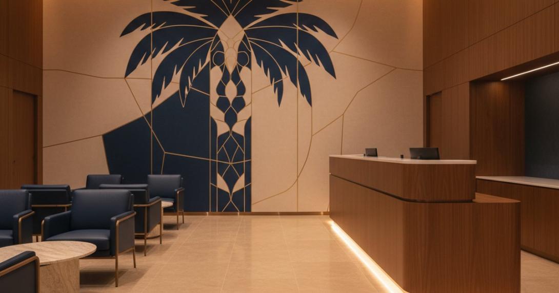 Modern UAE business-banking branch interior with polished wood reception counter, warm lighting, and stylised palm-tree wall mural