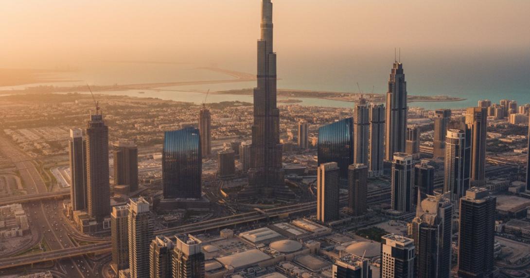 Sweeping aerial view of the Dubai skyline at golden hour with the Burj Khalifa rising above modern glass towers