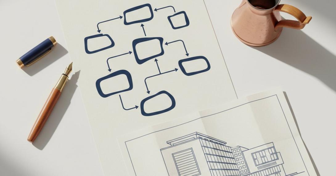 Editorial flat-lay of a stylised business-setup decision flow-chart with a fountain pen and dallah coffee pot