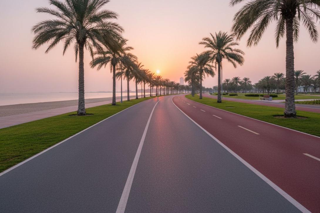 Sunrise on the Abu Dhabi Corniche running track: a wide paved jogging lane separated from a parallel red cycling lane by a planted strip with date palms, with the Arabian Gulf and beach visible to the left