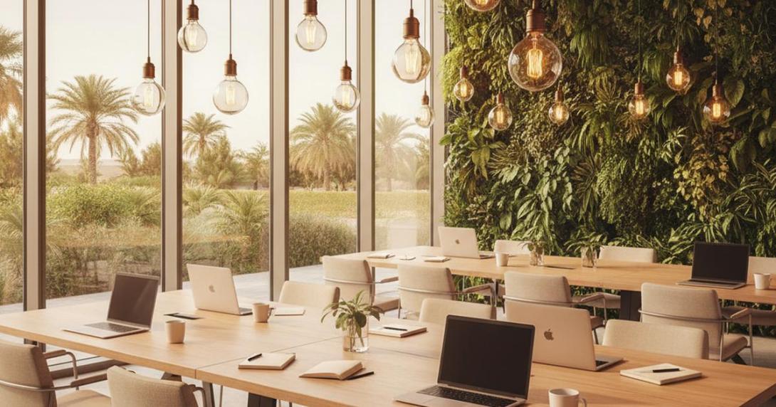 Stylish coworking space interior in Dubai at mid-morning with natural-wood work tables, designer chairs, and a wall of green plants