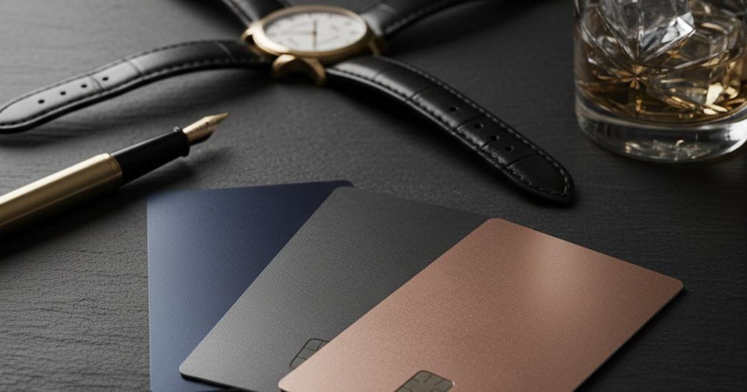 Editorial luxury still-life on a dark slate surface of three premium-looking generic metallic credit cards in midnight blue, brushed graphite and rose-gold matte finishes fanned in a soft angled stack, a brushed-brass mechanical watch with leather strap, a fountain pen and an etched glass tumbler