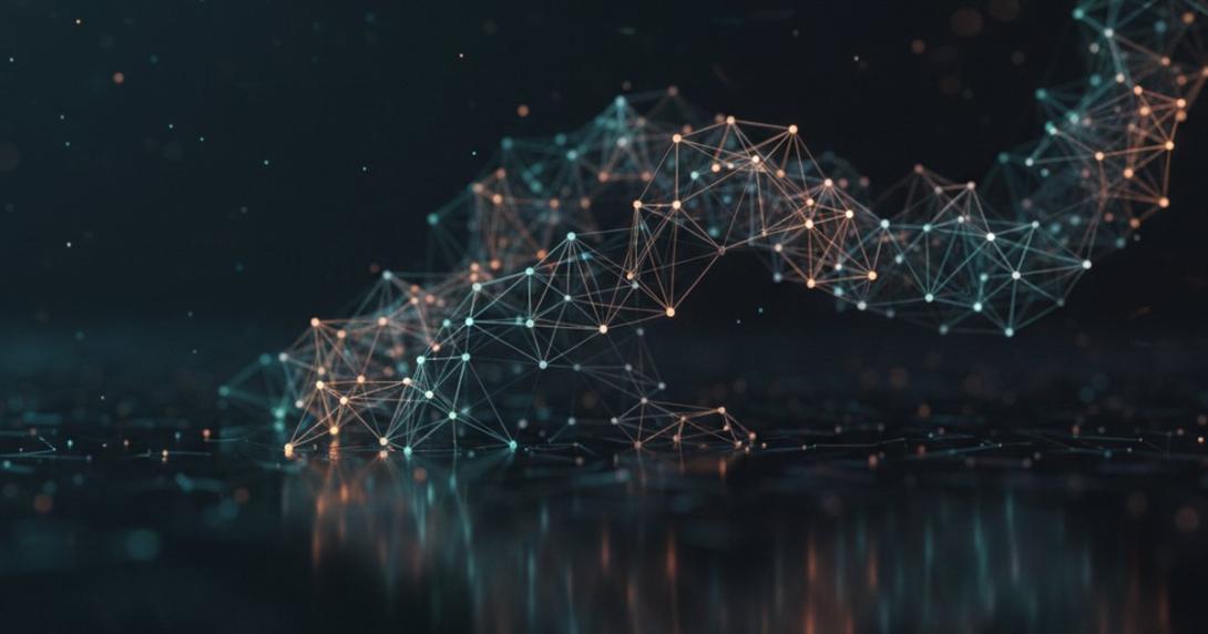 Conceptual blockchain network with glowing geometric nodes and lines in muted teal and orange against a dark cinematic background