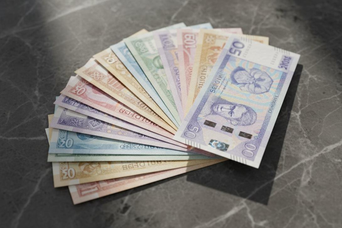Editorial flat-lay of an abstract fan of multiple currency notes on polished dark stone, soft directional daylight