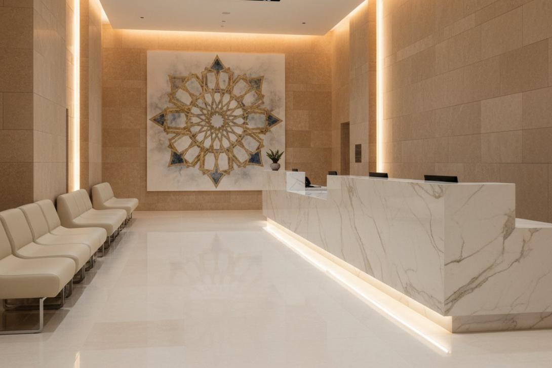 Modern hospital reception interior with polished marble desk, empty waiting chairs, and warm uplighting