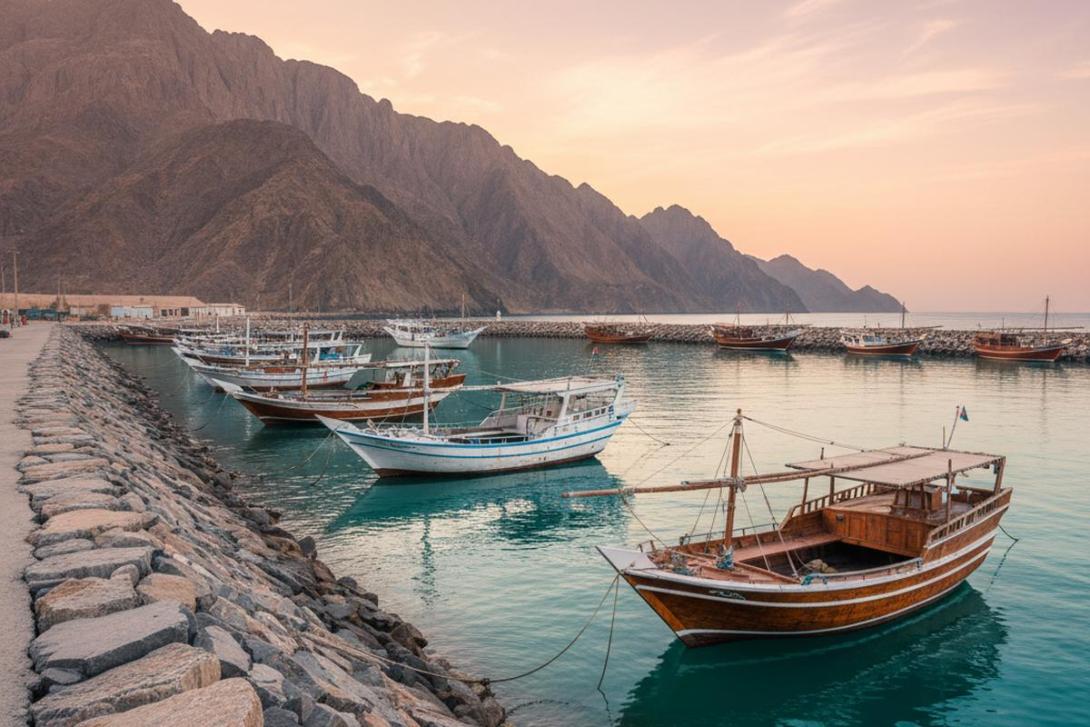 Dibba fishing harbour at dawn: traditional wooden Arabian dhow boats moored alongside a stone jetty in calm turquoise Gulf-of-Oman water, with the rugged steep brown peaks of the northern Hajar Mountains rising directly behind the harbour and soft pink-and-amber dawn light