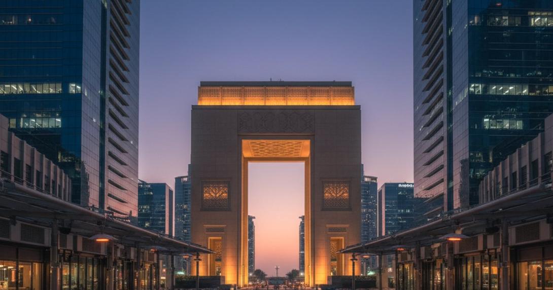 Iconic trapezoidal Gate Building of DIFC at twilight with the Gate Avenue promenade and surrounding glass towers