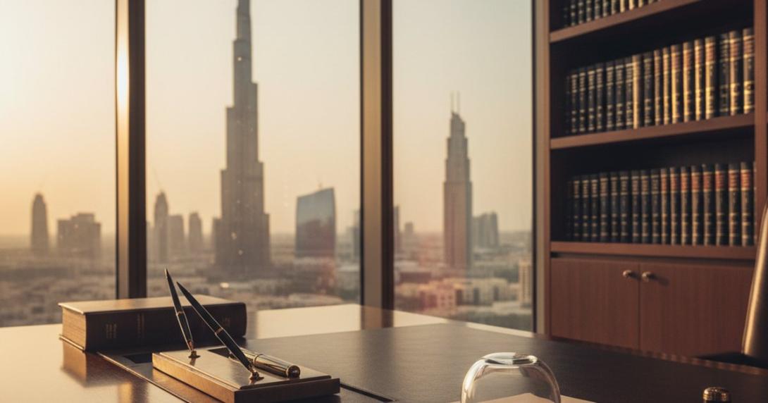 Eye-level view of a modern DIFC lawyer's office at golden hour with a polished dark-wood desk, leather-bound legal volume, brass pen tray and a signed-looking document under a glass paperweight, with a window showing the Burj Khalifa silhouette and shelves of legal volumes