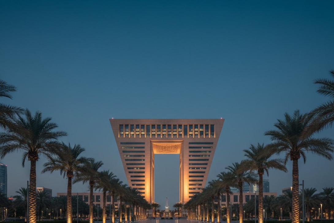 Iconic trapezoidal Gate Building of DIFC at blue hour with the Gate Avenue pedestrian promenade in the foreground