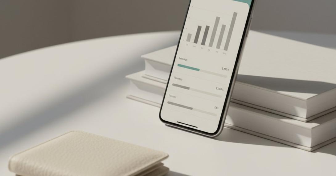 A smartphone showing a generic abstract banking app interface with bar charts, propped against minimalist hardback books, with a leather wallet and contactless card on a clean off-white surface