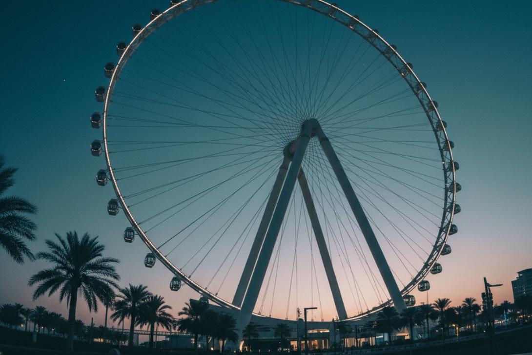 Ground-up wide-angle view of Ain Dubai, the world's tallest observation wheel, framed by palm silhouettes against a teal twilight sky on Bluewaters Island