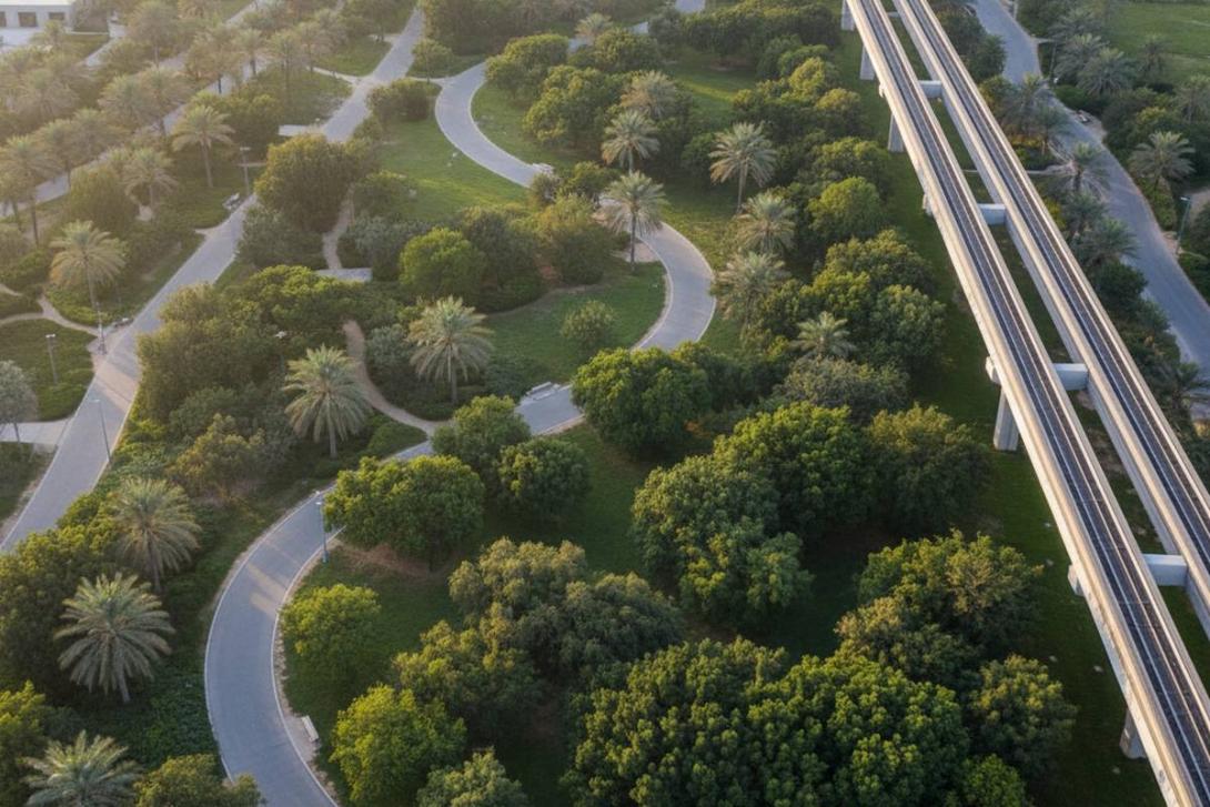 Aerial view of Al Ittihad Park, a green corridor of native UAE plants and date palms running alongside the Palm Monorail track on Palm Jumeirah, Dubai