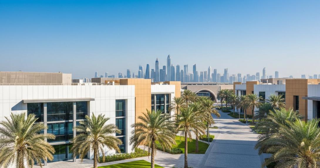 Dubai Internet City at mid-morning with low-rise modern tech-park office buildings, manicured lawns, palm trees, and the Dubai Marina towers silhouetted on the horizon